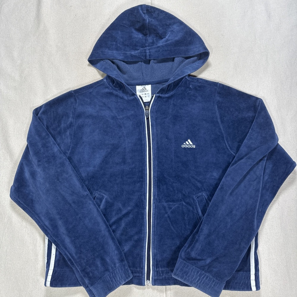 Vintage Adidas Velour Track Jacket Hoodie Large Blue White Full Zip Y2K Alt 90s